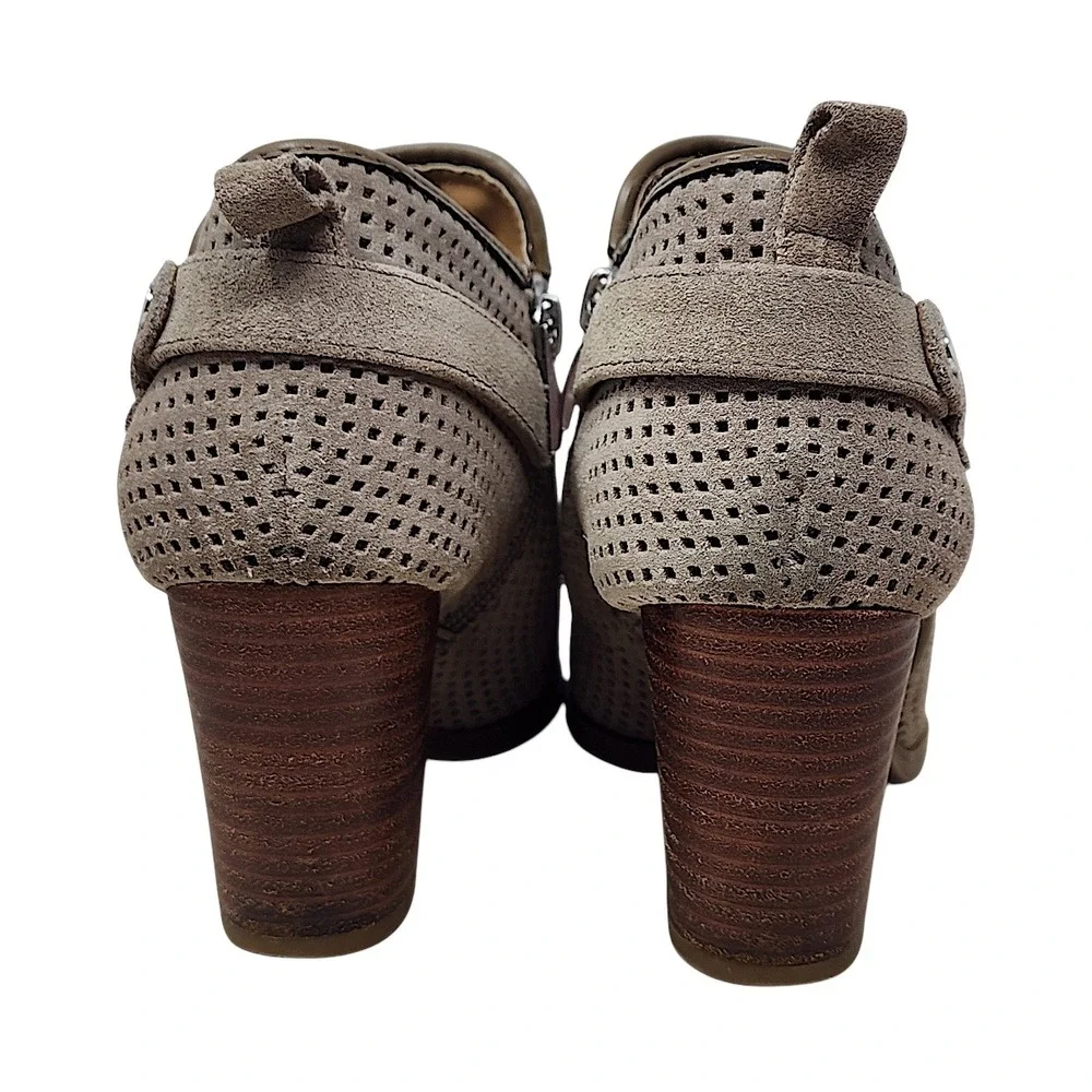 Franco Sarto Ankle Booties 7.5M Women Taupe Perforated Leather Dale 2 Block Heel